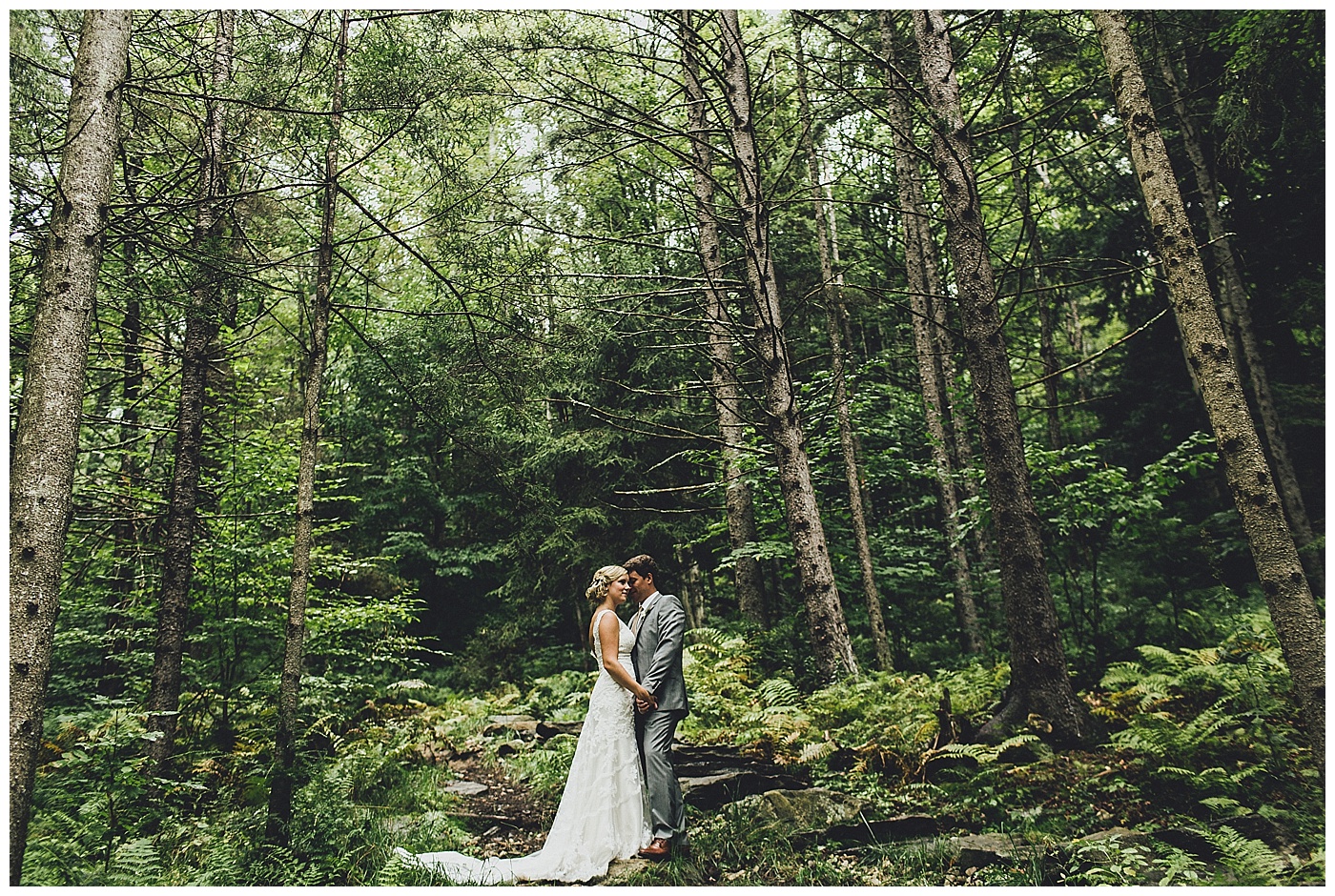 Gorgeous, Unique, Wedding Photo in the Vermont Woods at Riverside Farm.